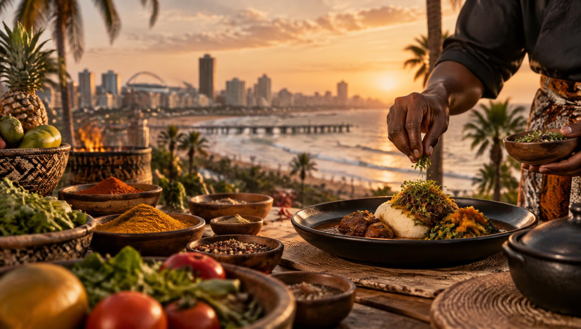 Richards Bay's beachfront skyline at sunset behind a table of South African dishes and spices